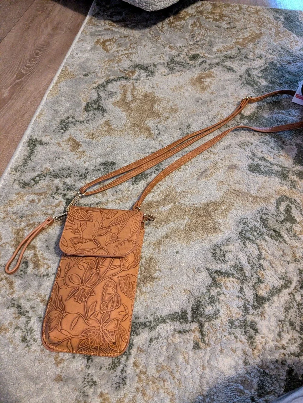 Floral  Faux Leather Crossbody Phone Pouch Purse - Brown